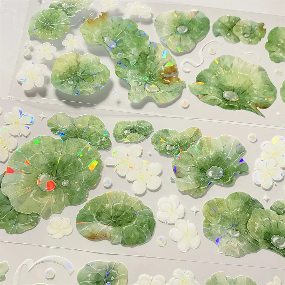 Dewdrop Lotus Leaf PET Tape Dewdrop Lotus Leaf PET Tape | Iridescent Floral Scenery Sticker