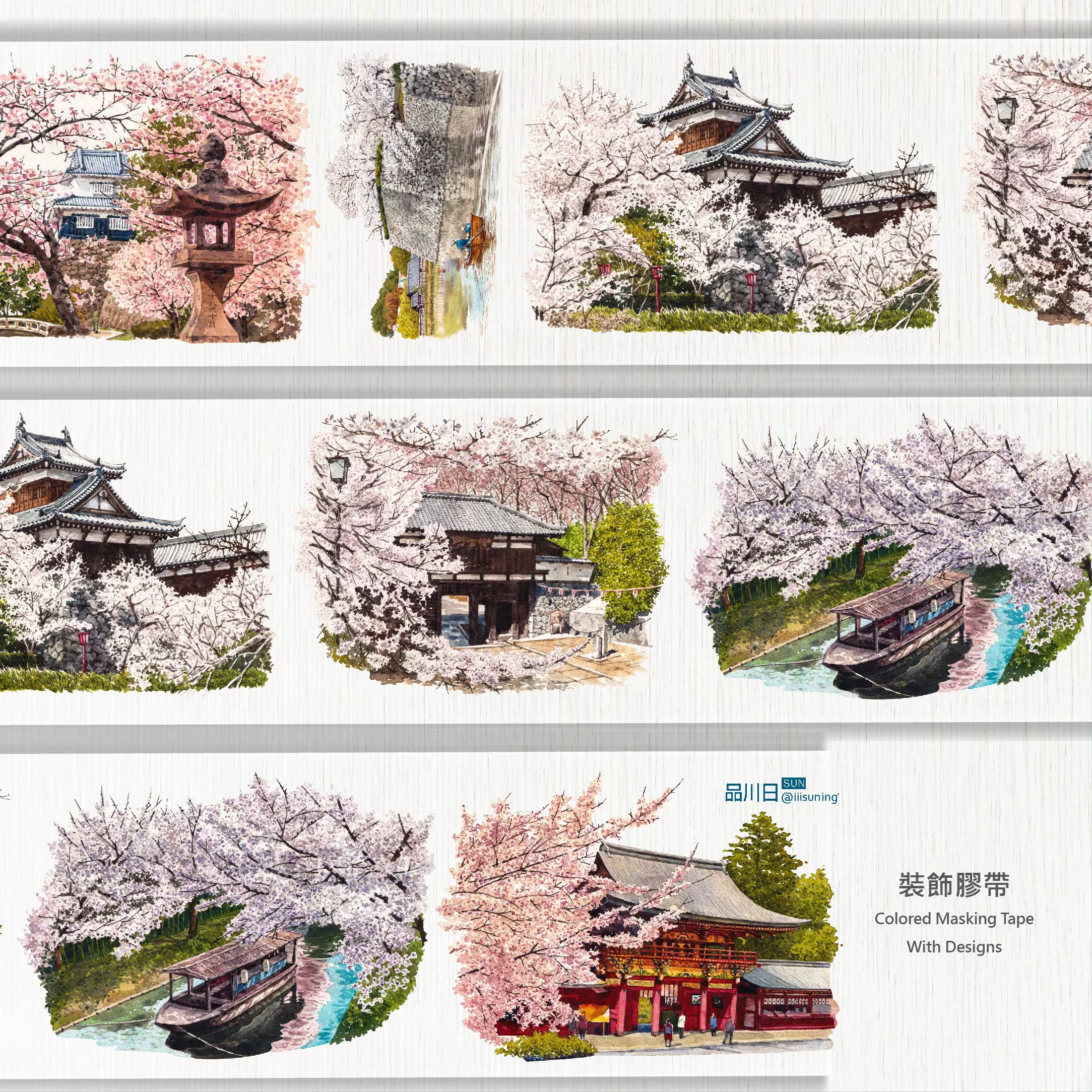 Vibrant PET tape featuring a Japanese spring scene with cherry blossoms, temples, torii gates, and scenic bridges.