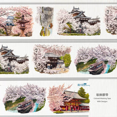 Vibrant PET tape featuring a Japanese spring scene with cherry blossoms, temples, torii gates, and scenic bridges.