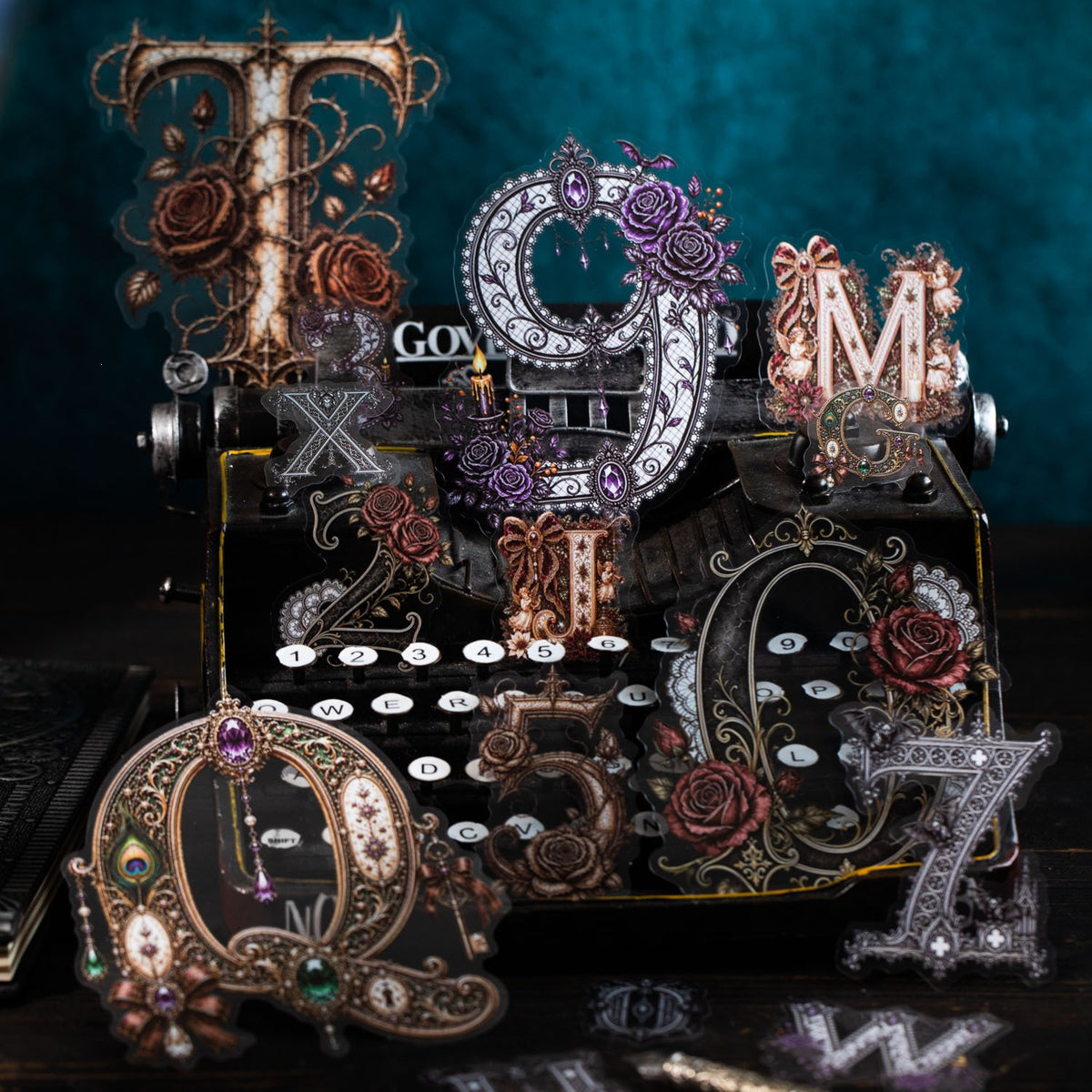 Gothic letter and number stickers displayed on a vintage typewriter
