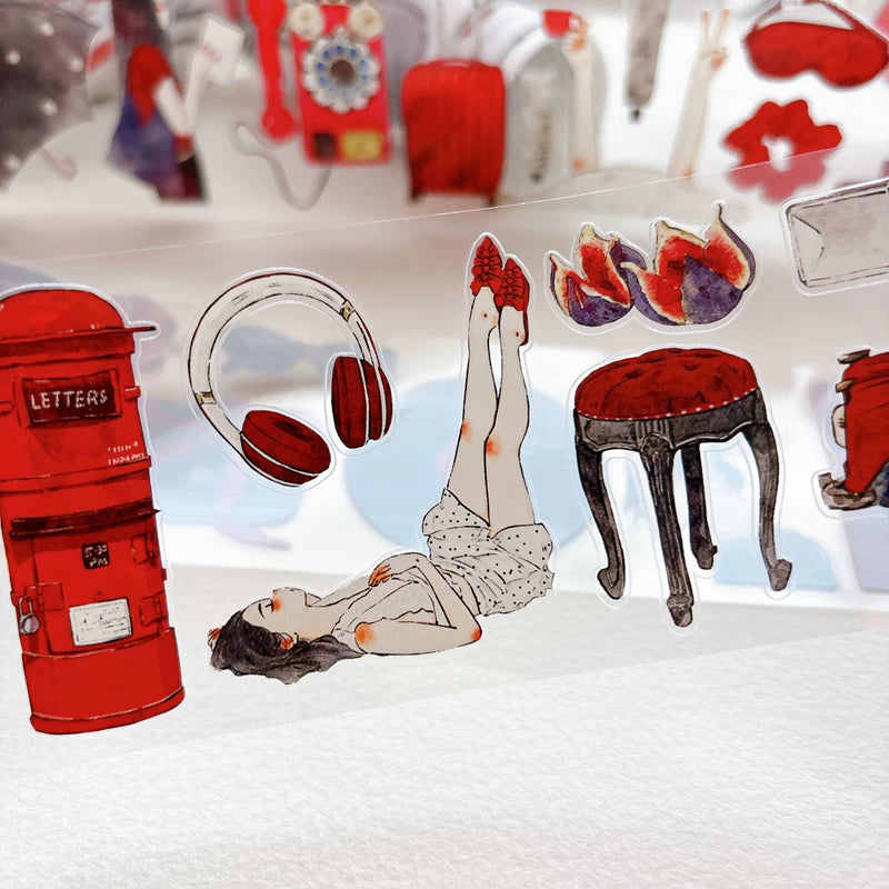 Detail of watercolor red-themed girls and keepsakes illustrations on tape