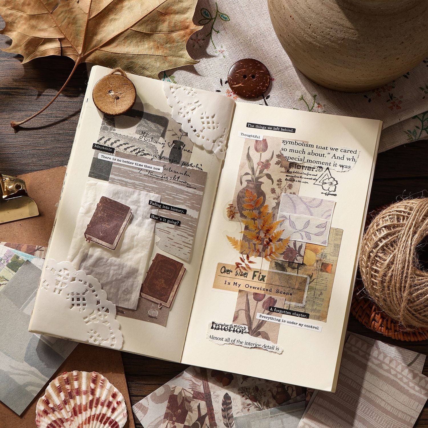 Vintage scrapbooking paper pad with botanical, fabric, ocean, pottery, and shell collage papers - image 3