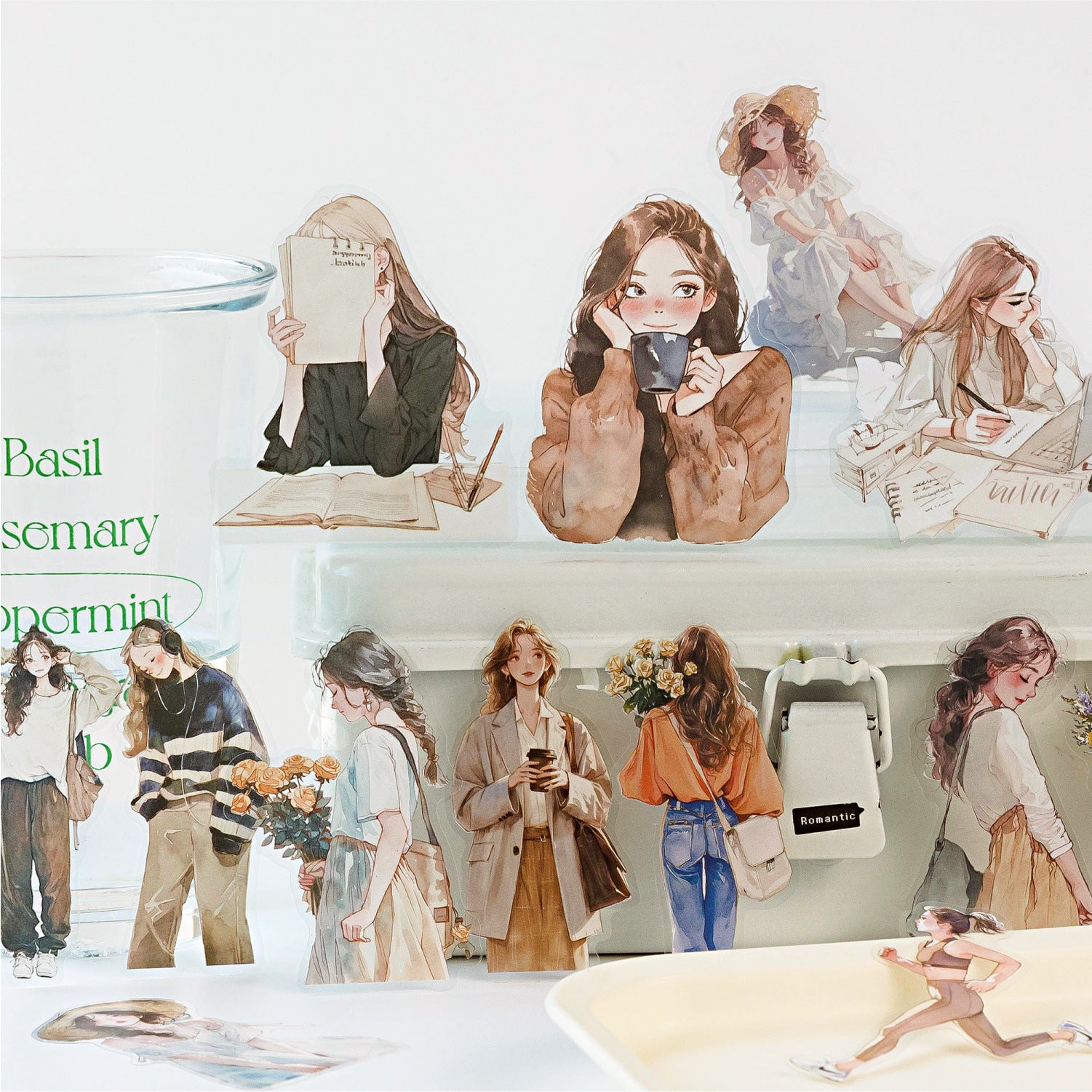 PET sticker pack with Korean fashion character girls, casual outfits, coffee, cakes, flowers, pets, and lifestyle details