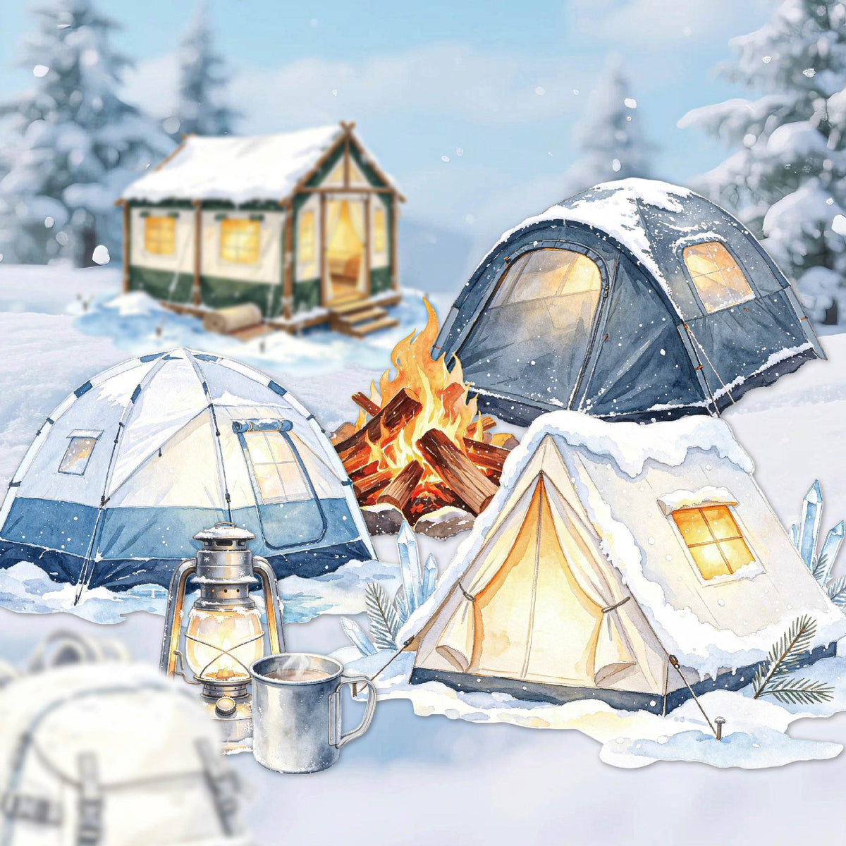 Snowy winter camping stickers with cabin, tents and campfire