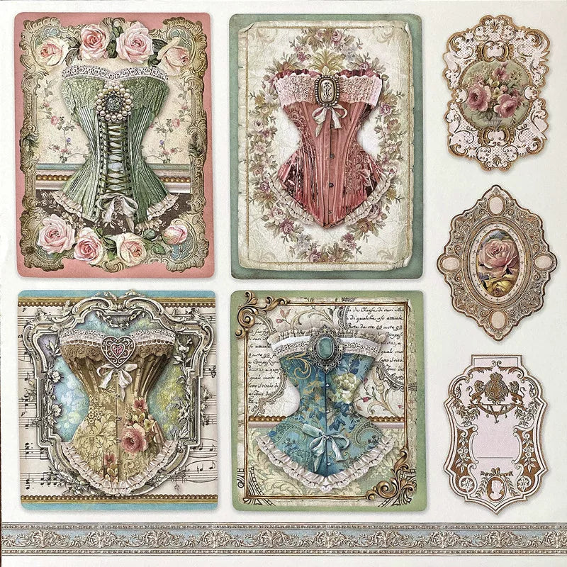 Vintage courtly sticker pack featuring corsets, roses, ornate labels, and decorative frames