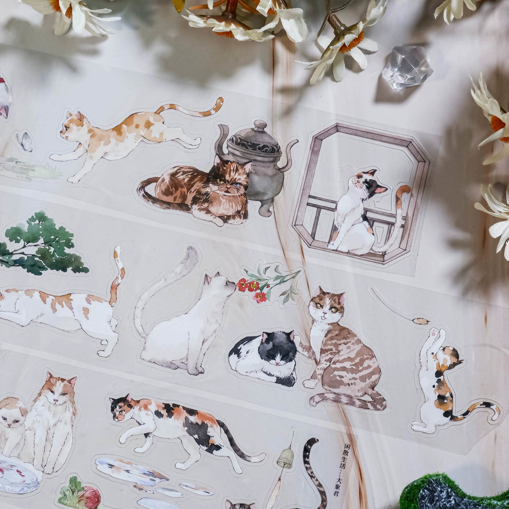 Hand-painted courtyard cats PET cut-out tape stickers, Shroomi