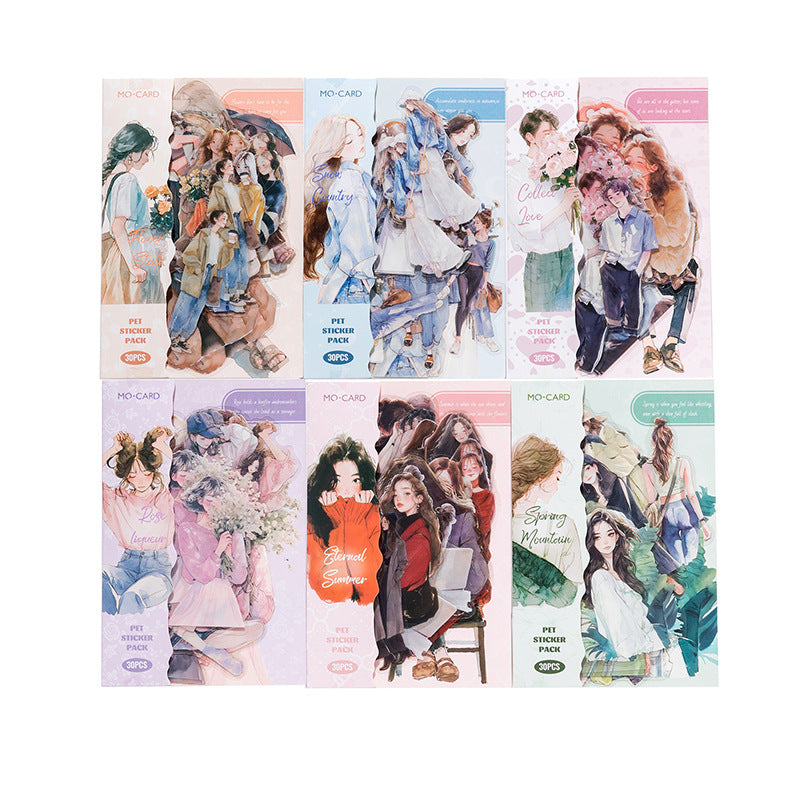 PET sticker pack with Korean fashion character girls, casual outfits, coffee, cakes, flowers, pets, and lifestyle details
