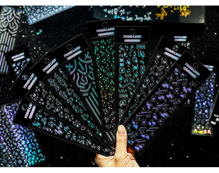 PROM LAND aurora holographic laser sticker sheet – iridescent shimmer on dark background, 12pcs