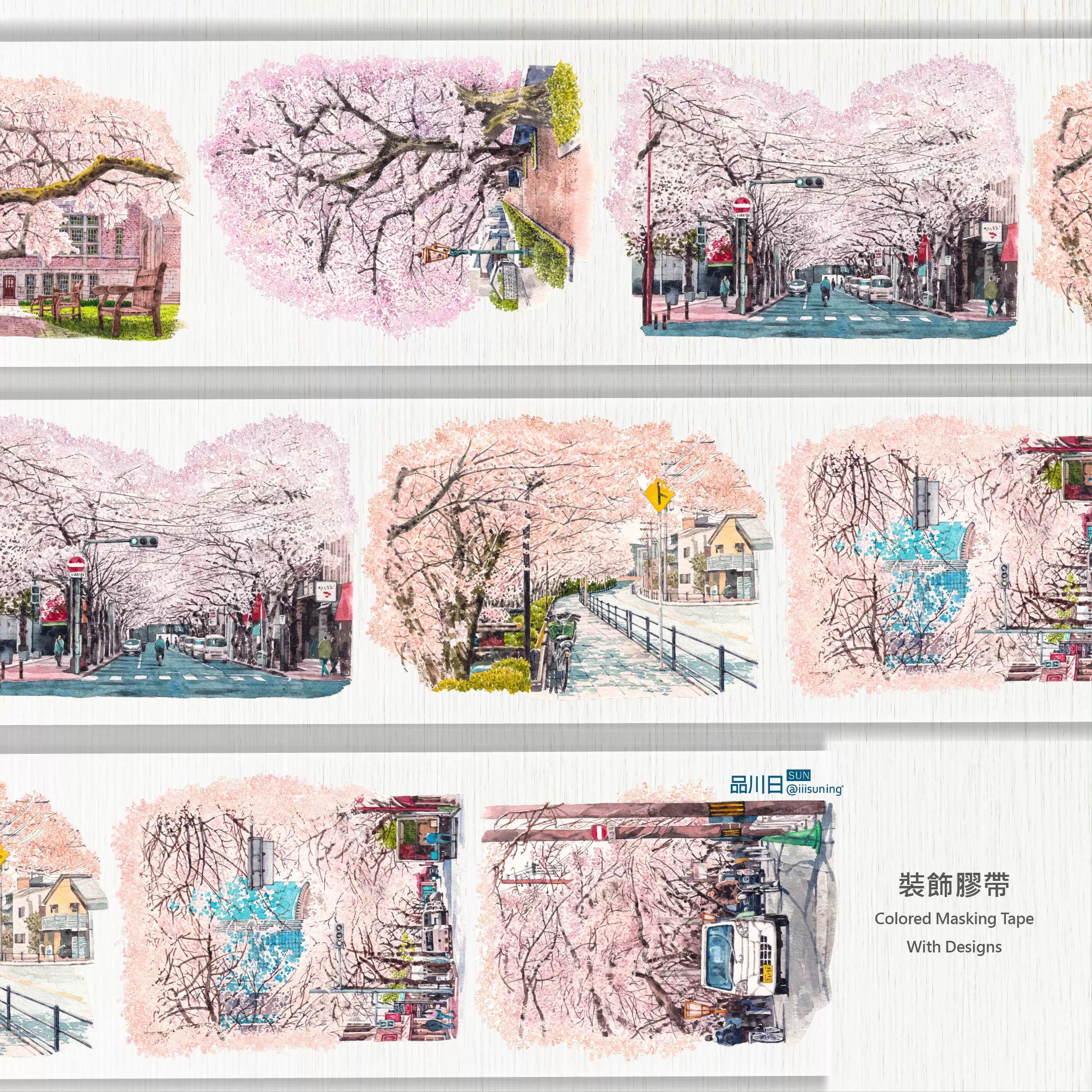 Delicate pink cherry blossoms float across urban Japanese streets on this charming Pink is Flying Everywhere PET Tape.