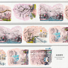 Delicate pink cherry blossoms float across urban Japanese streets on this charming Pink is Flying Everywhere PET Tape.