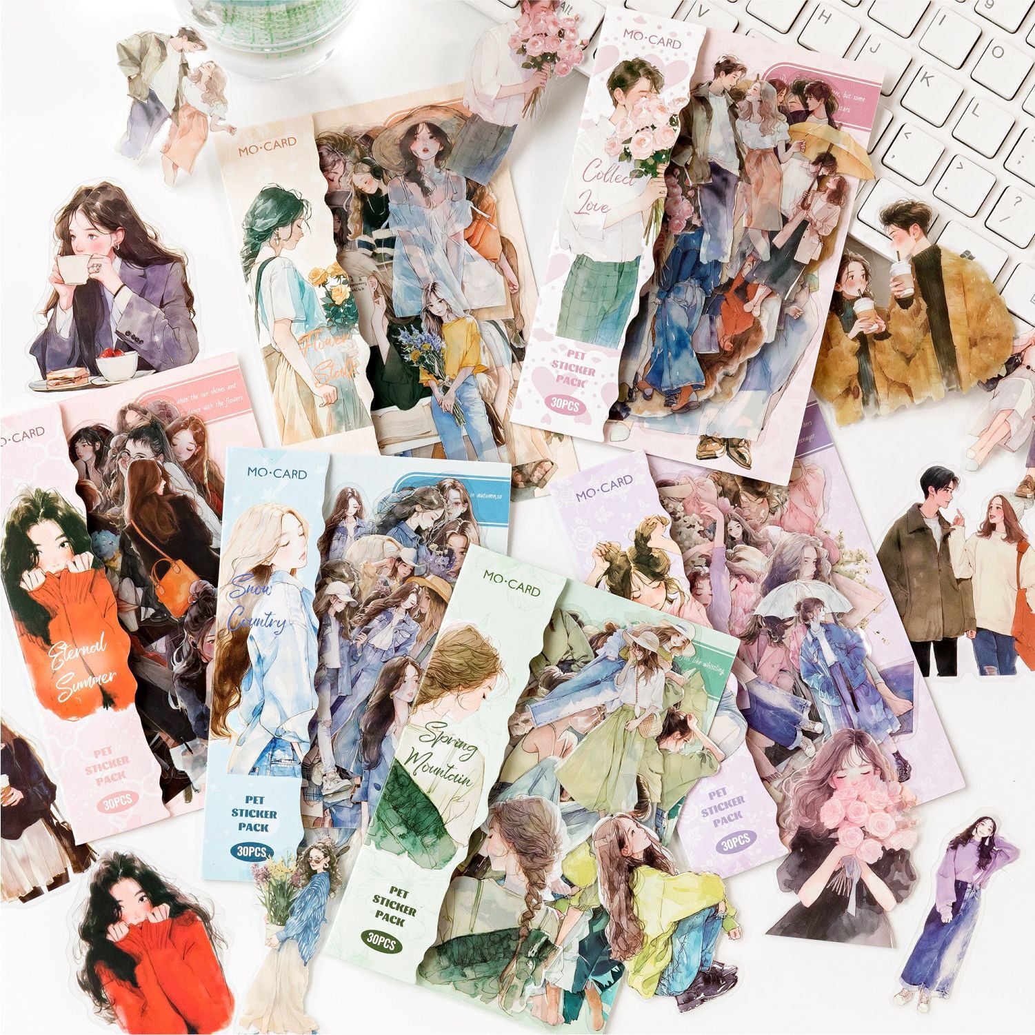 PET sticker pack with Korean fashion character girls, casual outfits, coffee, cakes, flowers, pets, and lifestyle details