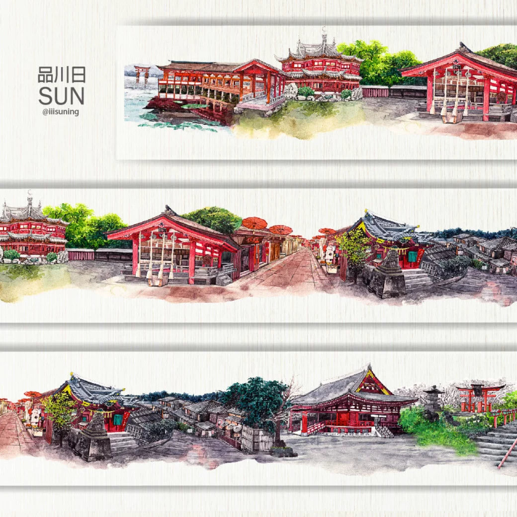 Oriental Retro Palace washi tape No.3 – traditional palace architecture and autumn mountains, 8cm wide