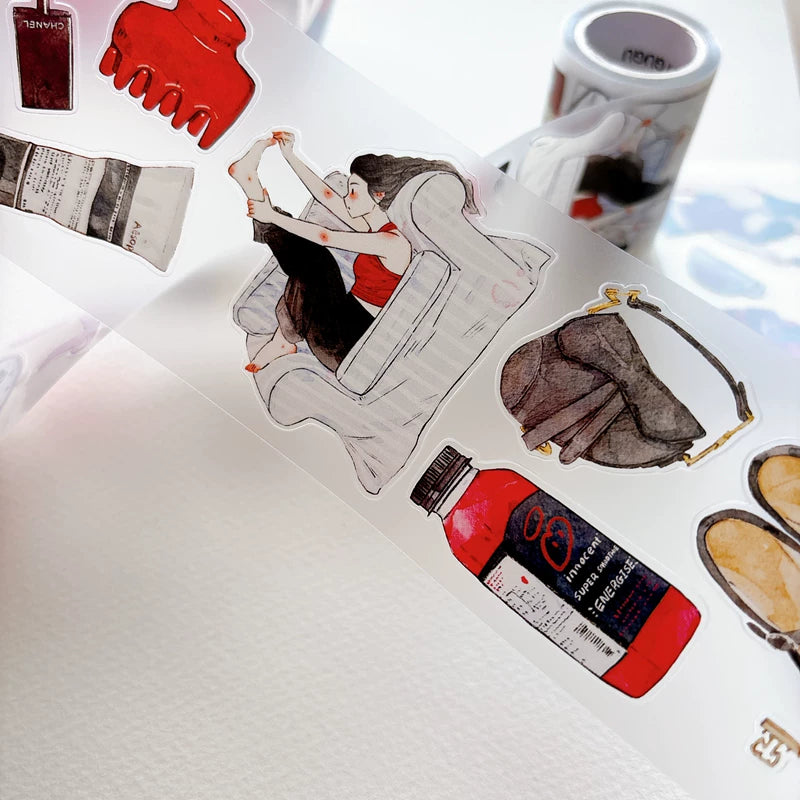 Detail of watercolor red-themed girls and keepsakes illustrations on tape