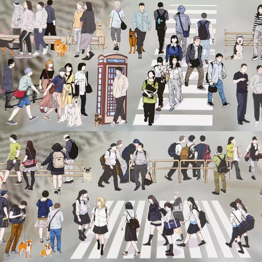 Full set of crosswalk crowd PET tape strips showing urban pedestrian scenes