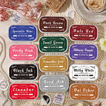 Vintage oil-based ink pad set with colorful retro label cases for rubber stamps, planners, tags, and paper crafts