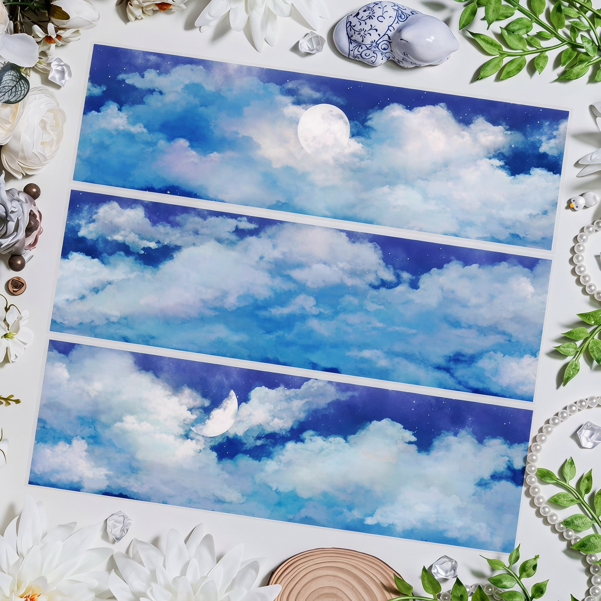Night sky decorative tape with moon, stars, and blue clouds