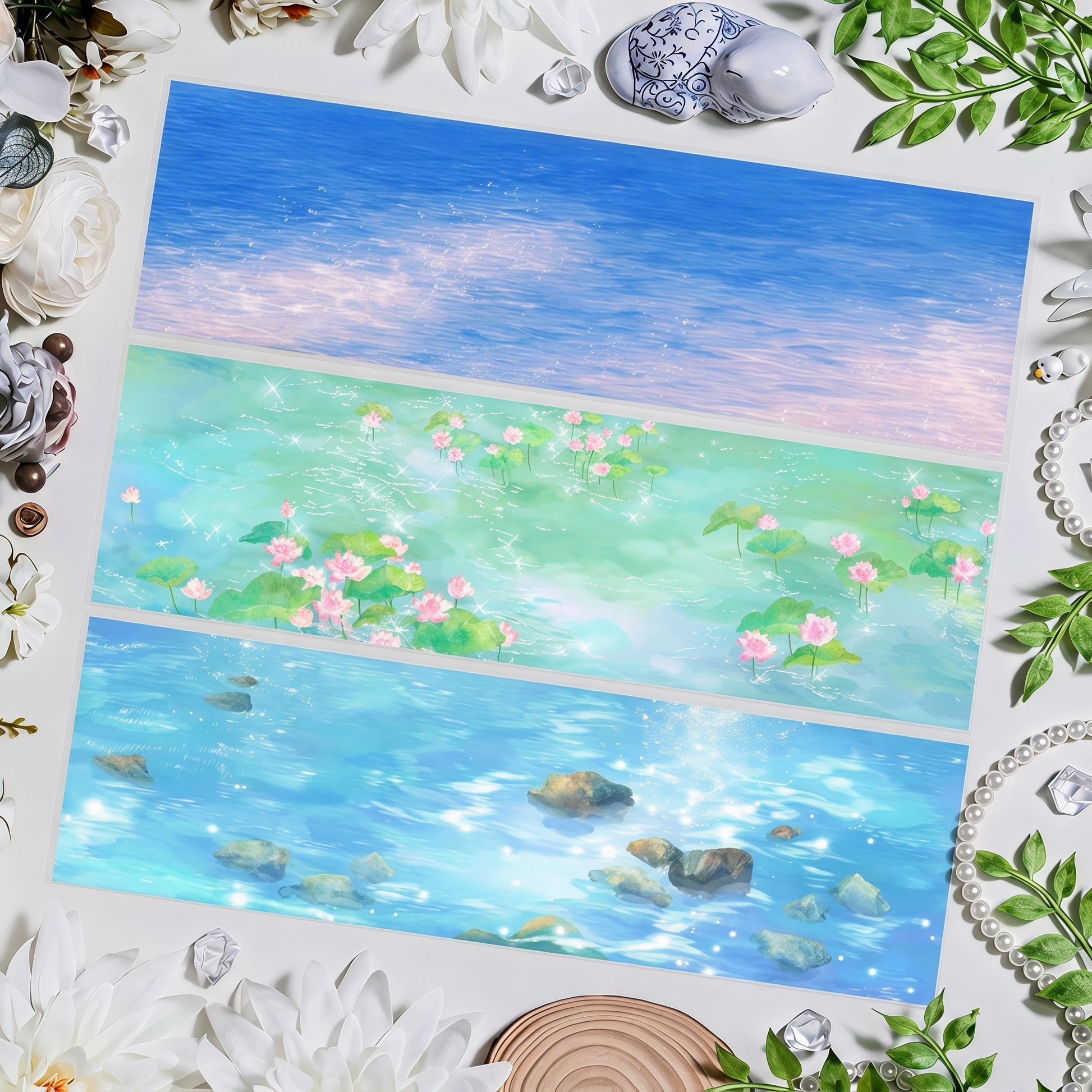 Water and sky decorative tape collection with blue water, lotus pond, and shimmering river background strips