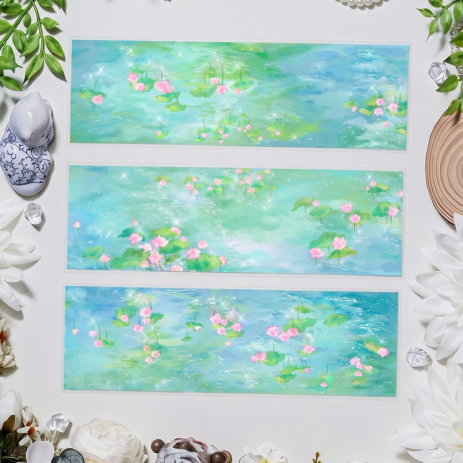 Turquoise lotus pond decorative tape with pink lotus blooms and shimmering water