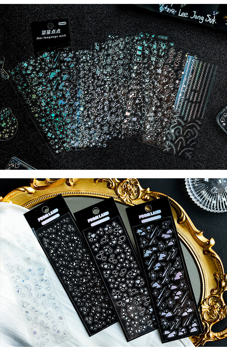 PROM LAND aurora holographic laser sticker sheet – iridescent shimmer on dark background, 12pcs