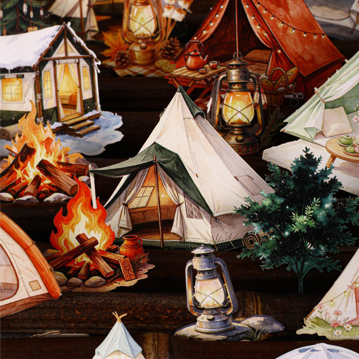 Autumn camping stickers with tents, campfire and lantern
