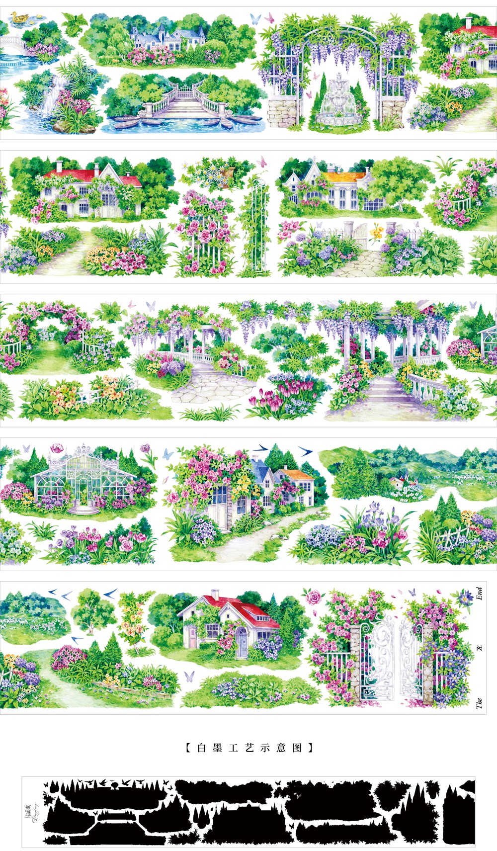 Englisches Herrenhausgarten PET Tape 8.5cm×5m | Anwesen & Botanische Szenen in Aquarell