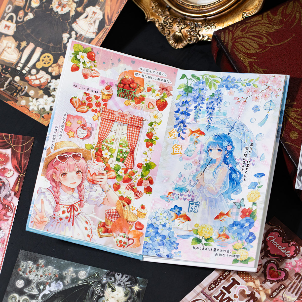 Open sticker book with strawberry girl and blue-haired girl pages