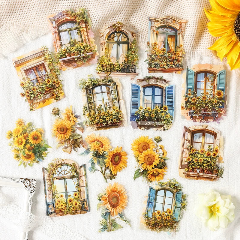 Vintage Floral Window Stickers - Retro Flower Frame Scenery | Waterproof Journal Collage Decoration