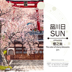 Delicate pink cherry blossoms, red torii gates, and serene Japanese temple designs adorn this elegant PET tape for crafting.