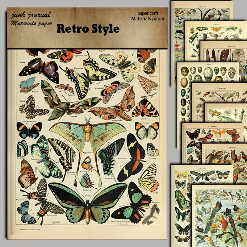 Vintage Insect Specimen Junk Journal Paper - 10 Pieces Foldable Animal Background Stickers for Scrapbooking