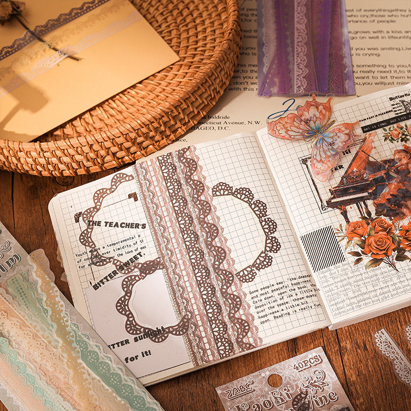 Delicate lace trim sticker strips in white, cream, purple and pink for journaling borders