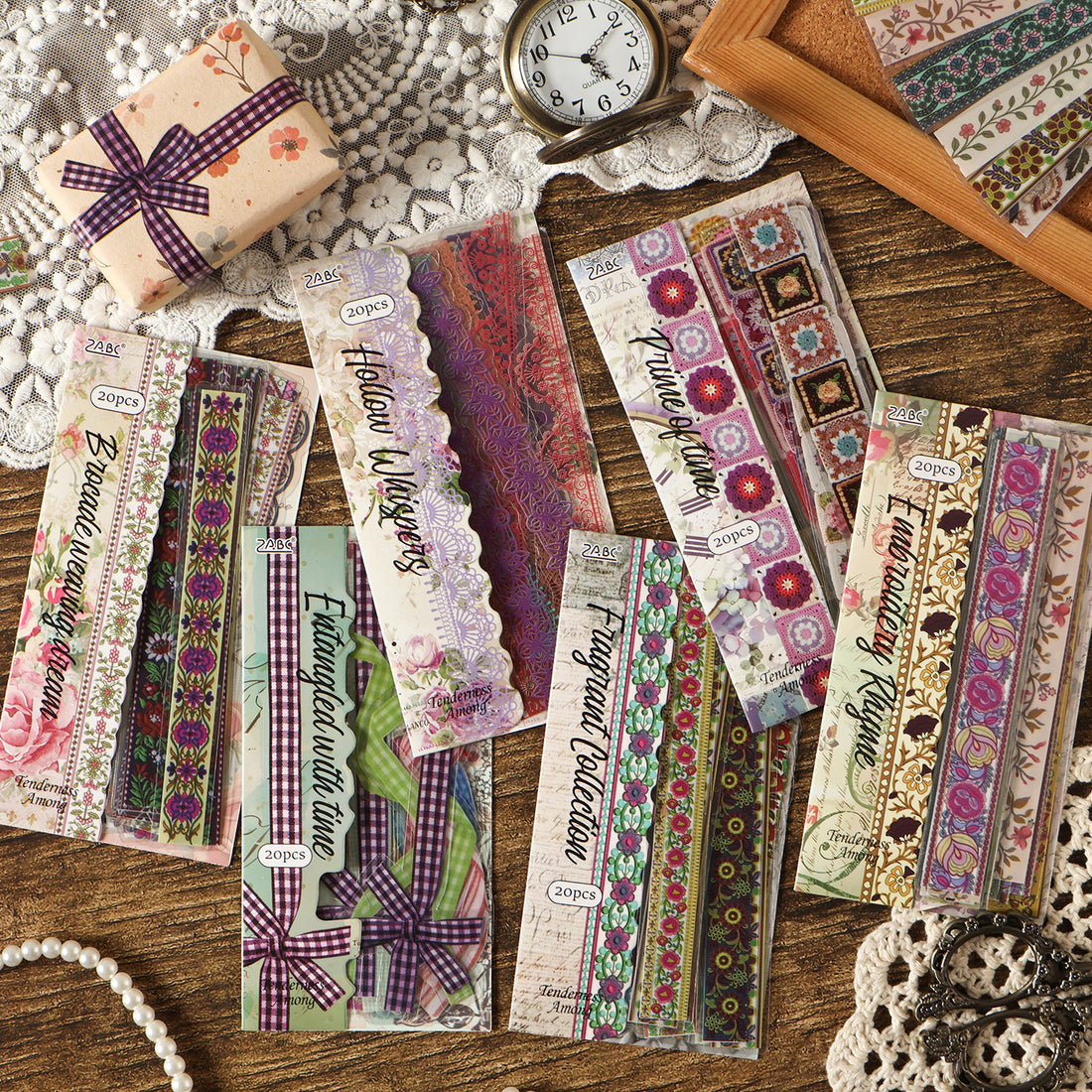 Vintage lace border sticker strips – decorative trim tape for journaling in 5 color packs