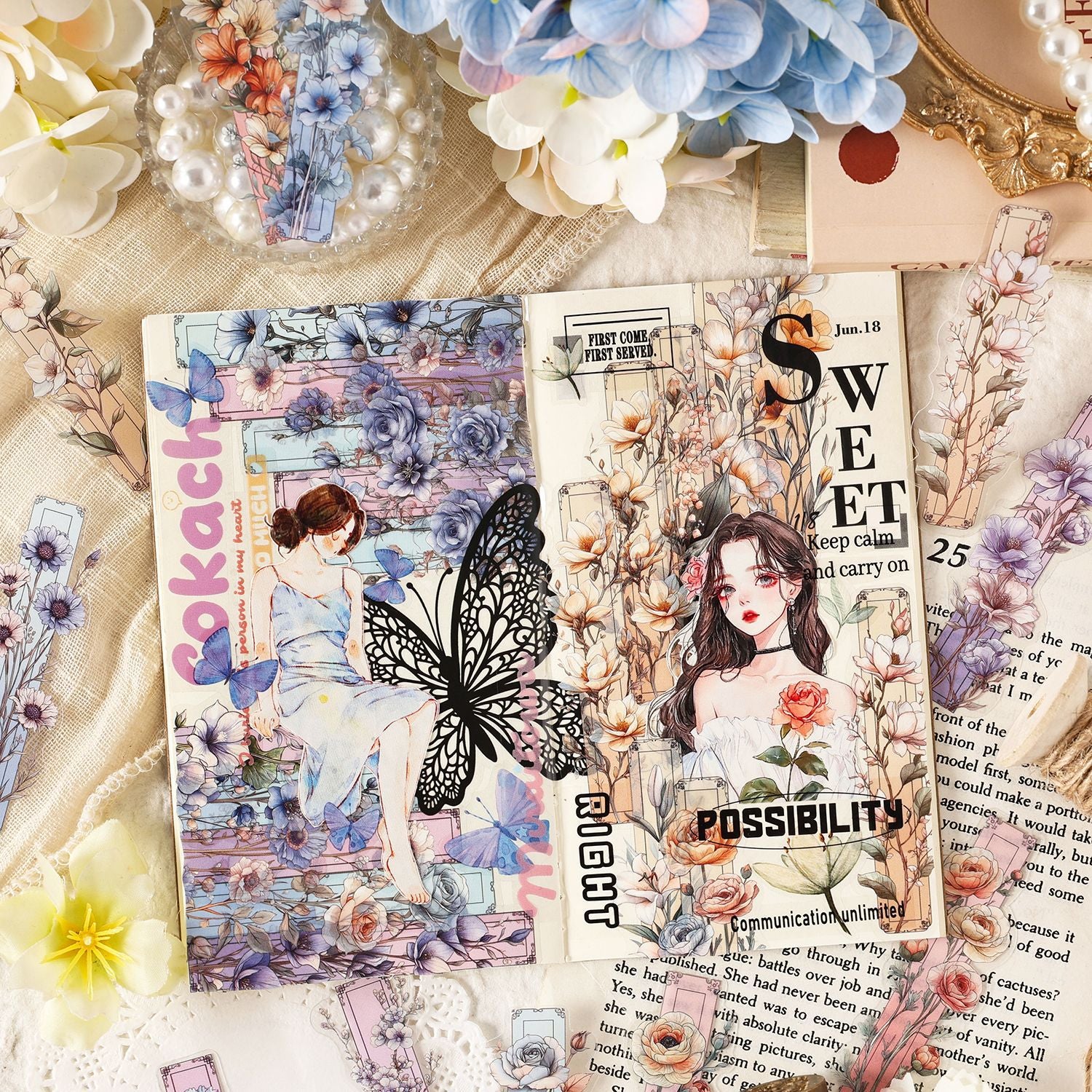 Vines and Flowers vintage botanical sticker pack – antique floral illustrations in Amaranth, Golden, Celadon and Vermillion