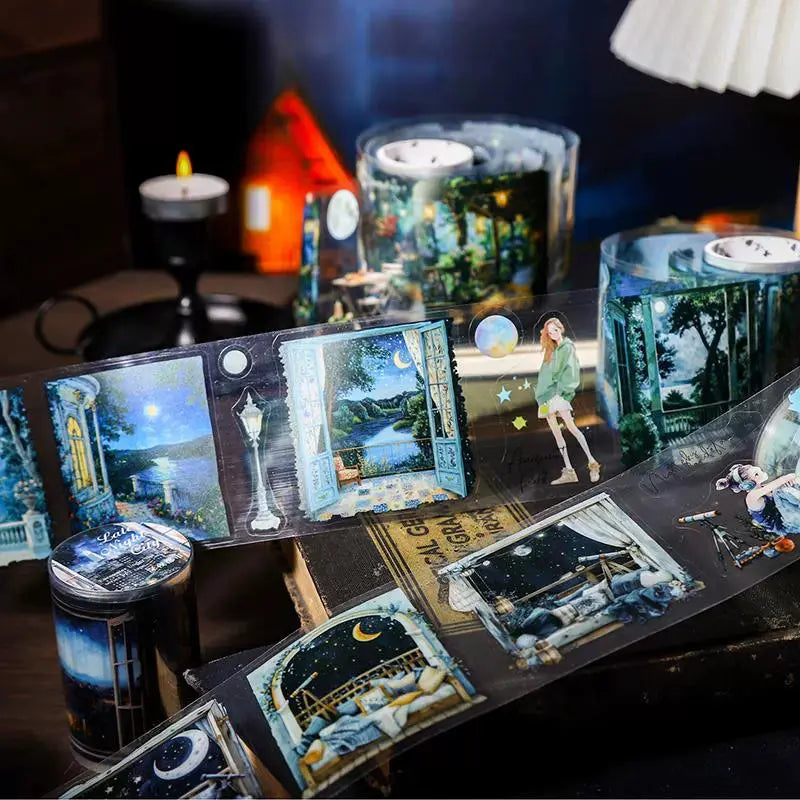 Enchanting Nightfall Series PET Tape showcasing serene moonlit scenes and glowing city streets in 6 unique styles.