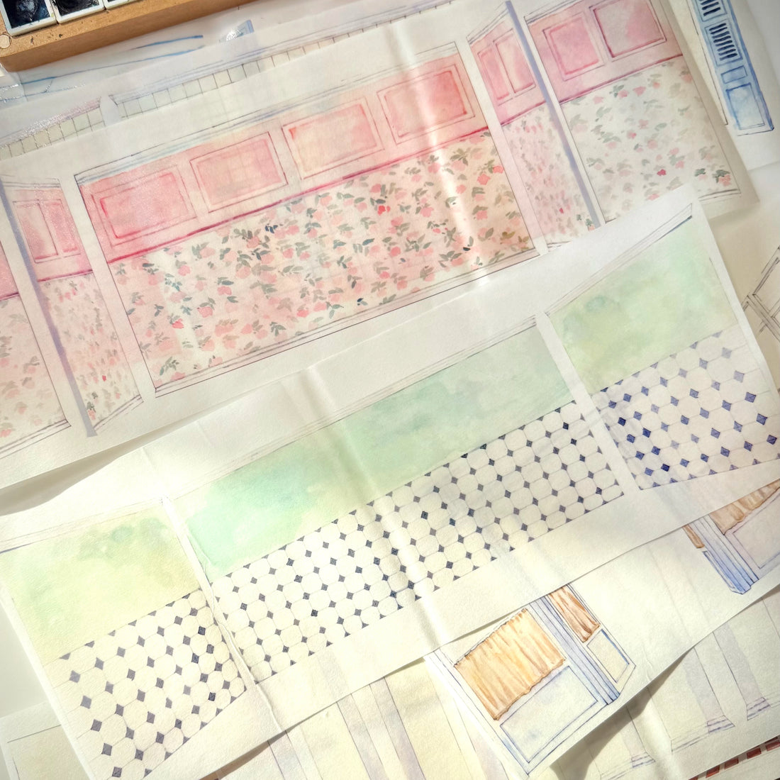 Wall 2.0 room scenery tape laid flat — pink floral wallpaper panels and diamond tile floor sections overview