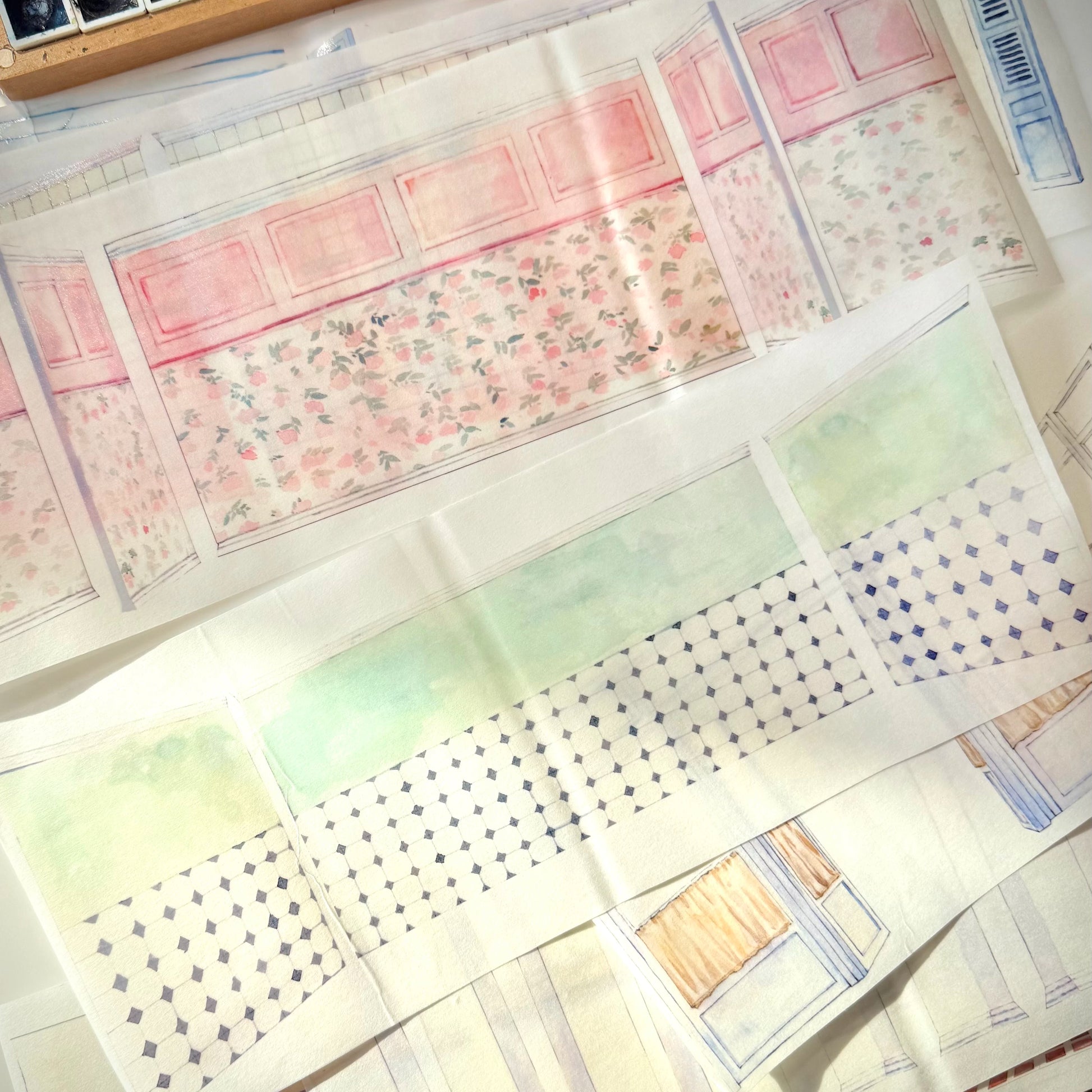Wall 2.0 room scenery tape laid flat — pink floral wallpaper panels and diamond tile floor sections overview