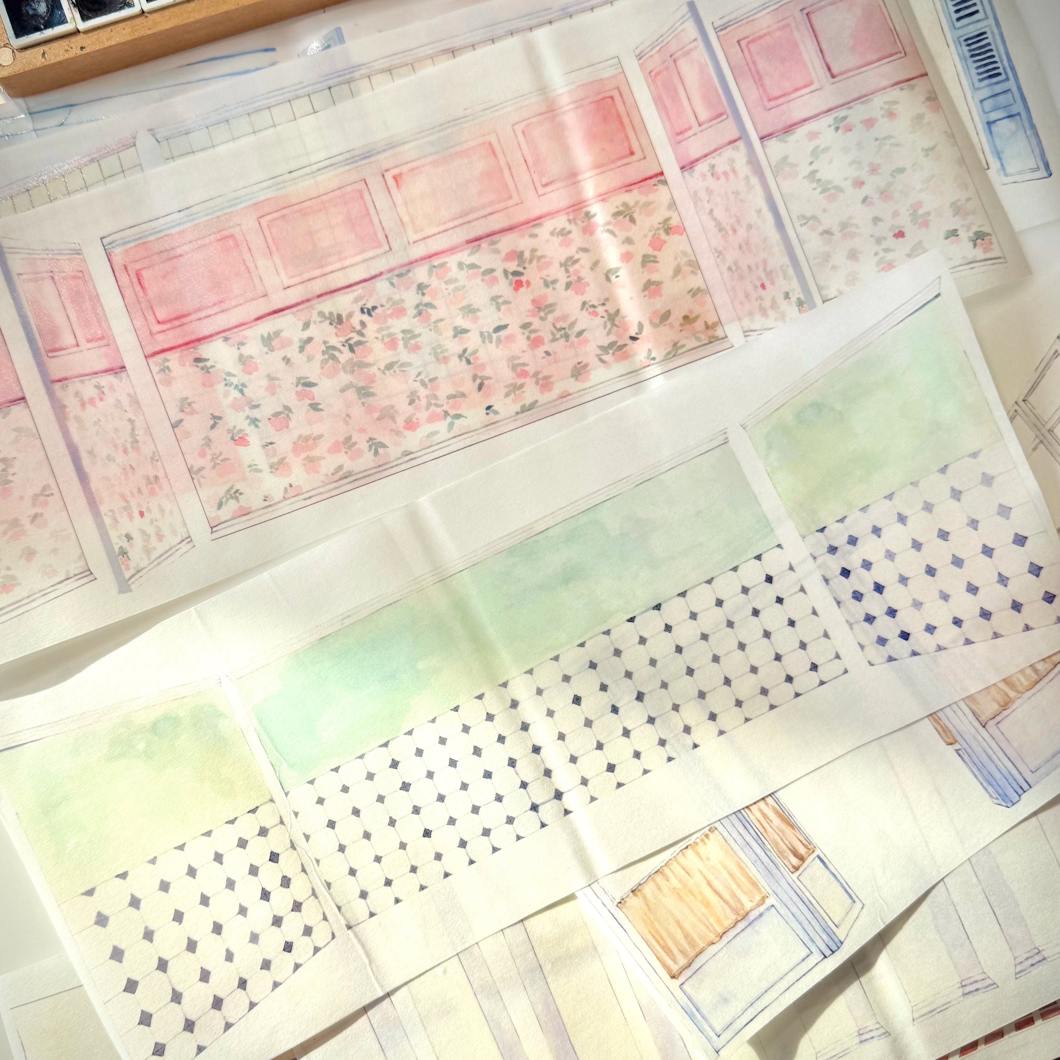 Wall 2.0 room scenery tape laid flat — pink floral wallpaper panels and diamond tile floor sections overview