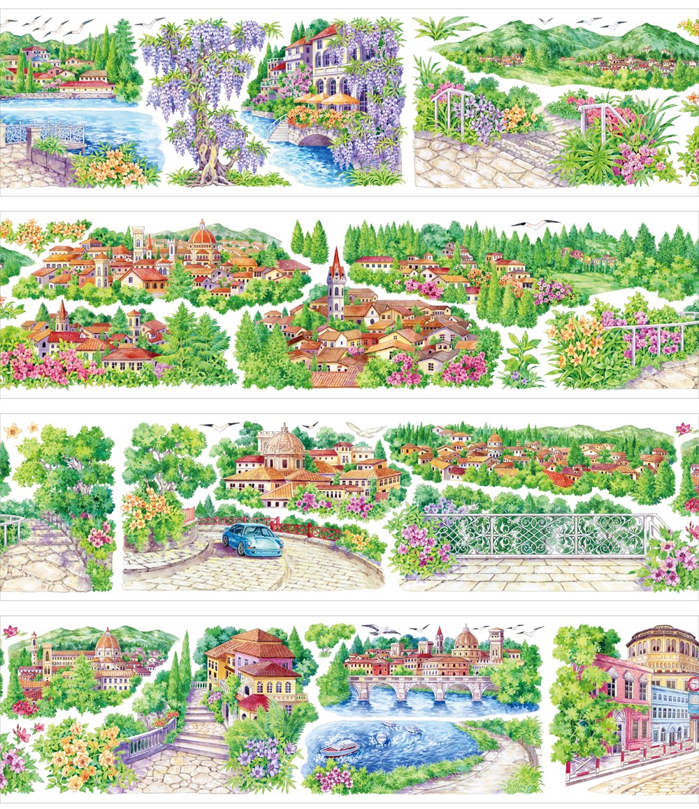 Europäische Stadt am See PET-Band 8,5cm×5m | Aquarell-Glyzinien-Stadtansicht