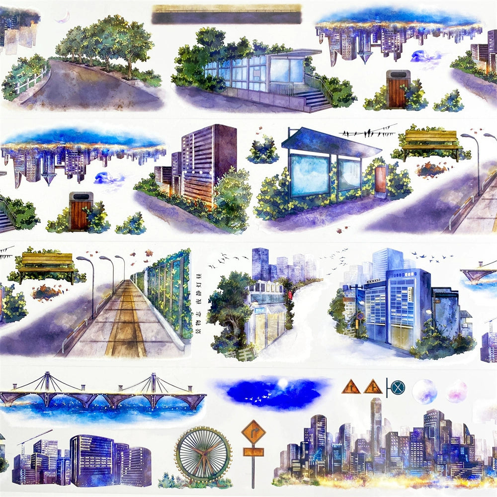 Vibrant Urban Cityscape PET Tape showcasing glowing skylines, modern buildings, and detailed streets for creative journaling.