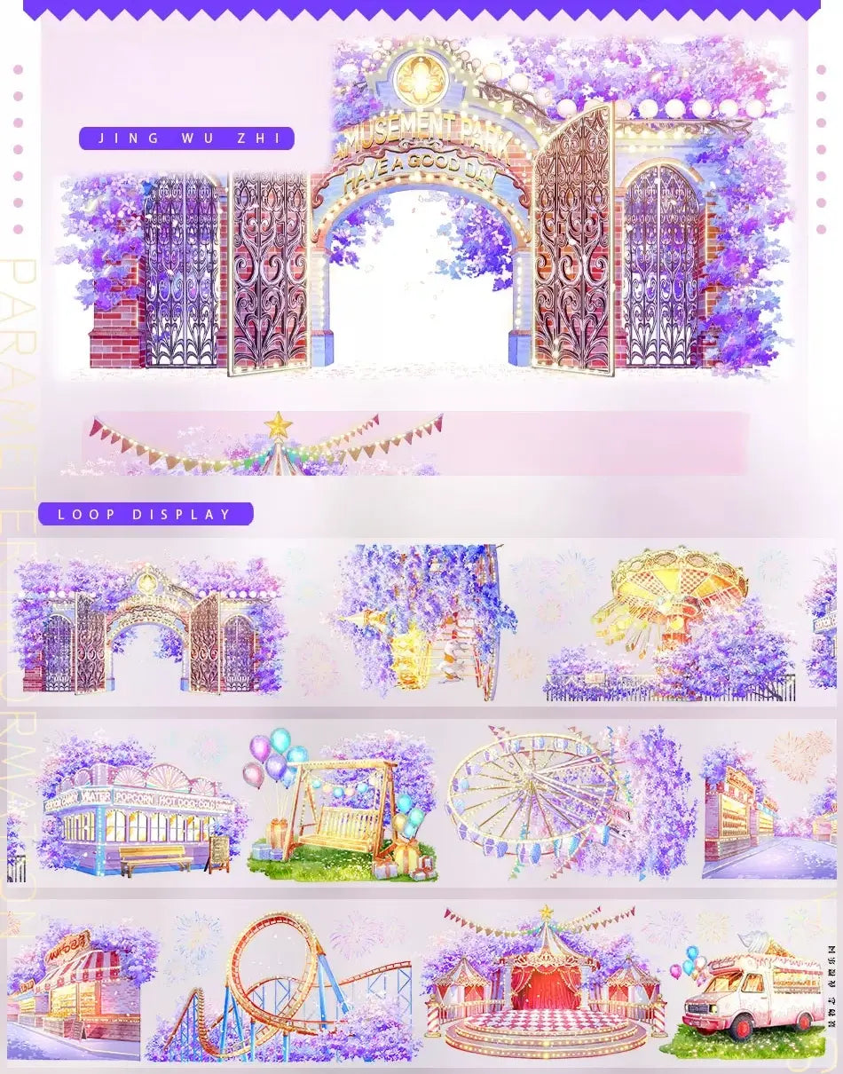 Cherry Blossom Amusement Park PET Tape — loop display with ornate purple blossom gate, ferris wheel, carousel, roller coaster and balloon cart