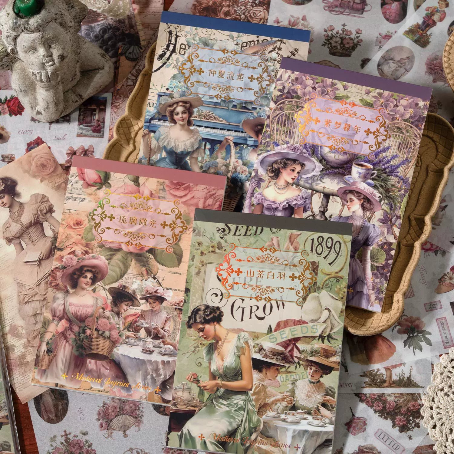 Vintage decorative sticker book with European portraits, flowers, butterflies, and nostalgic illustrations