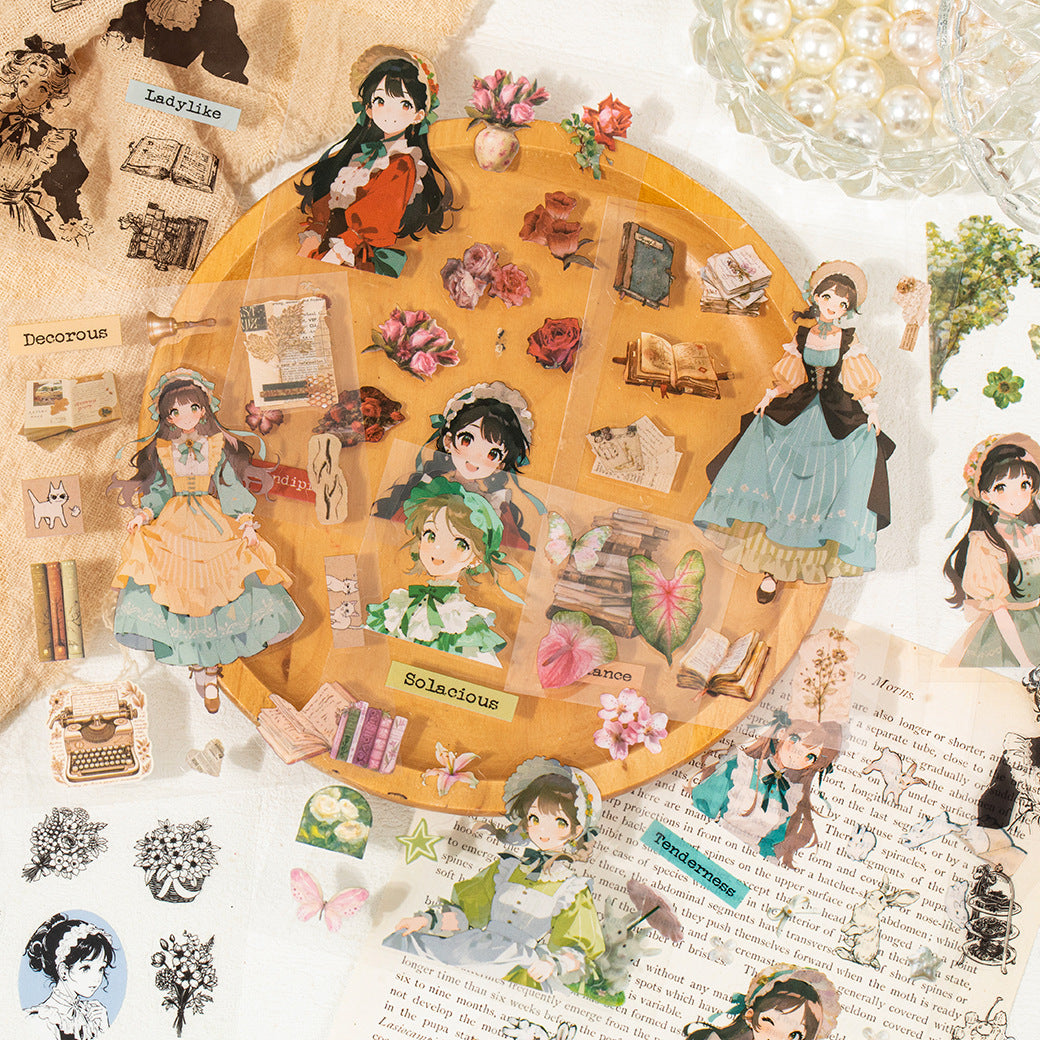Vintage Girl Portrait PET sticker book with illustrated characters, flowers, cameos, and ribbon accents - image 6