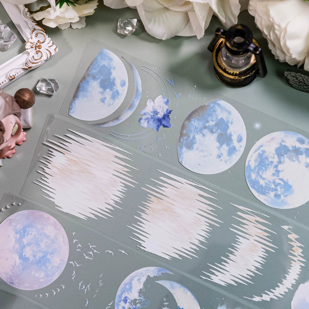 Silent Moonlight lunar phase watercolor PET tape roll with moon, clouds