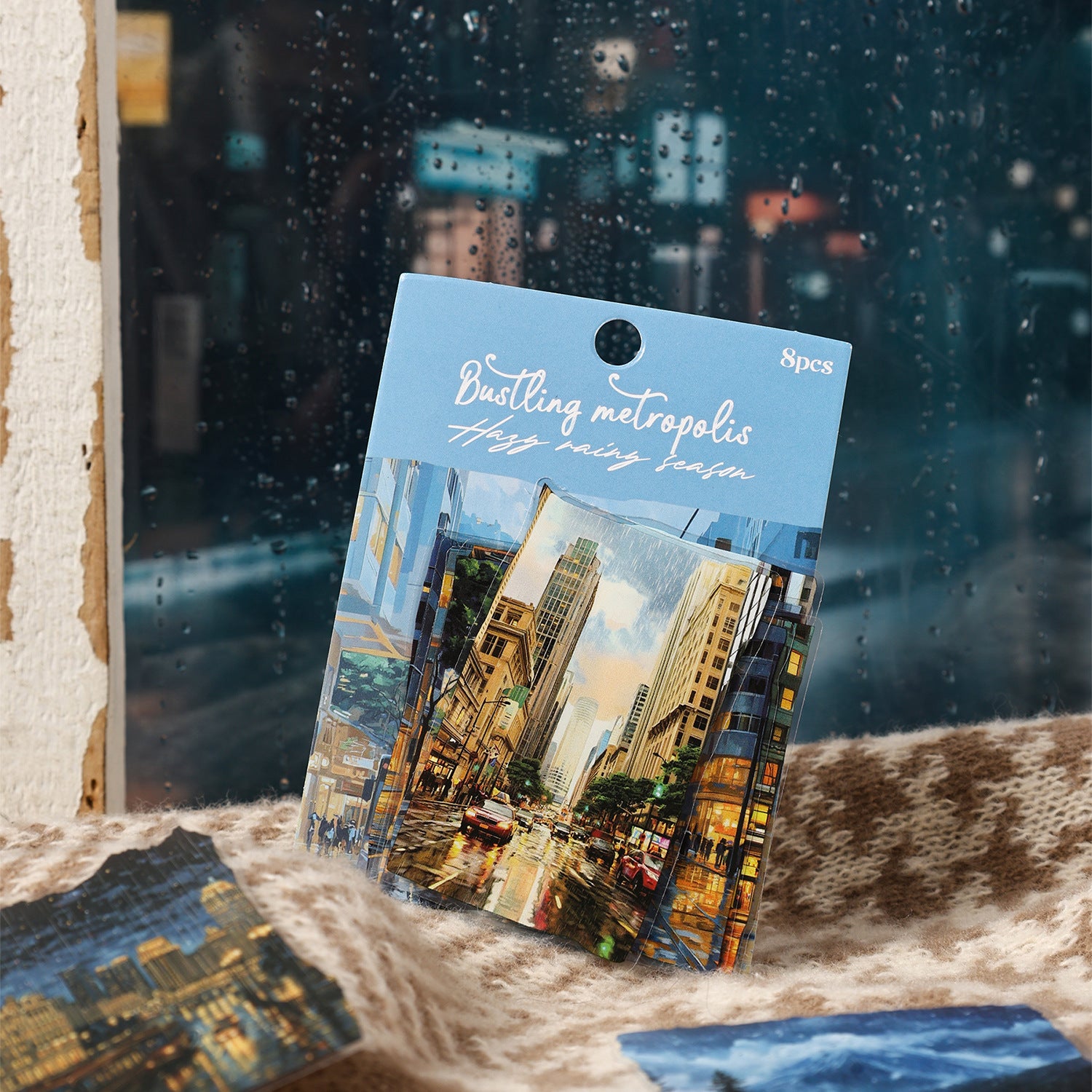 Misty Rain cityscape sticker pack with rainy streets, buildings, windows, and wet-weather scenes - image 2