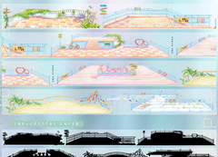 Coastal Observation Deck PET Tape showcasing breezy seaside decks, tropical plants, and neon signs in soft pastel hues.