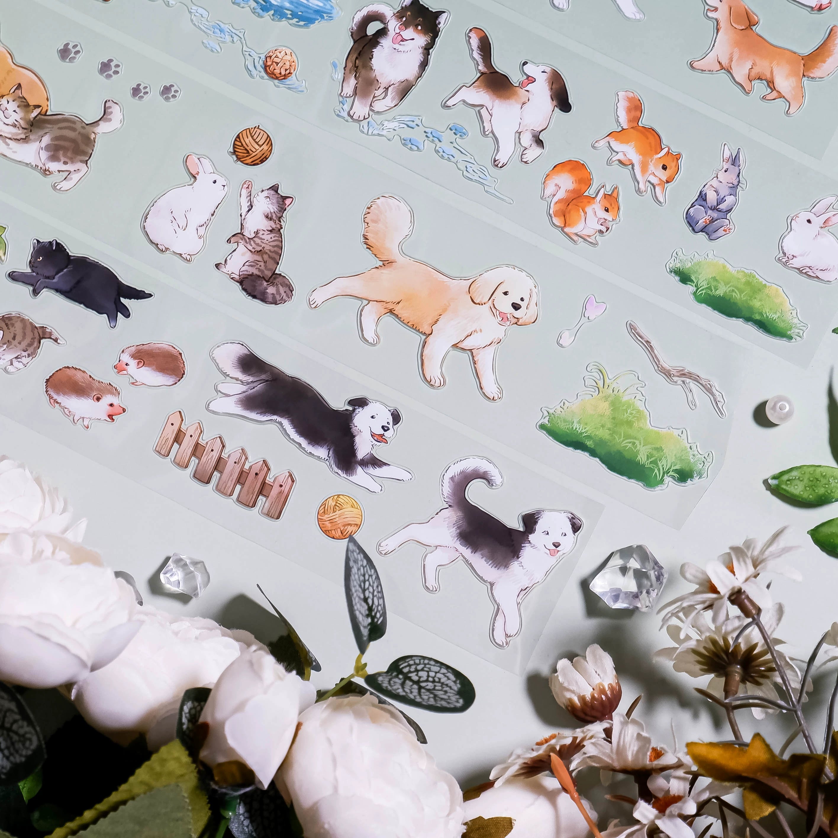 Hand-painted cats, dogs, bunnies PET cut-out tape stickers with grass and yarn, Shroomi