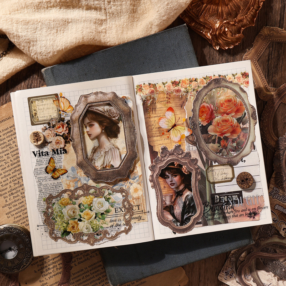 Journal spread decorated with vintage frame stickers around a portrait and floral collage