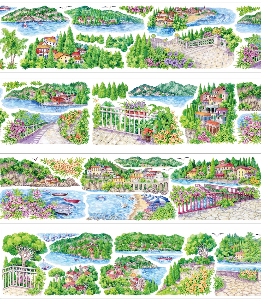Europäische Stadt am See PET-Band 8,5cm×5m | Aquarell-Glyzinien-Stadtansicht