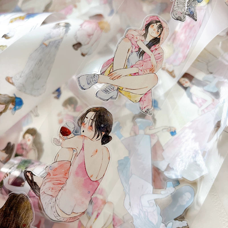 Detail of watercolor blush pink girls illustrations on tape