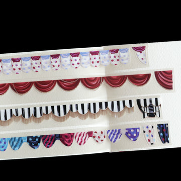 Four strips of die-cut curtain tape: polka-dot, red drape, striped and colorful valances