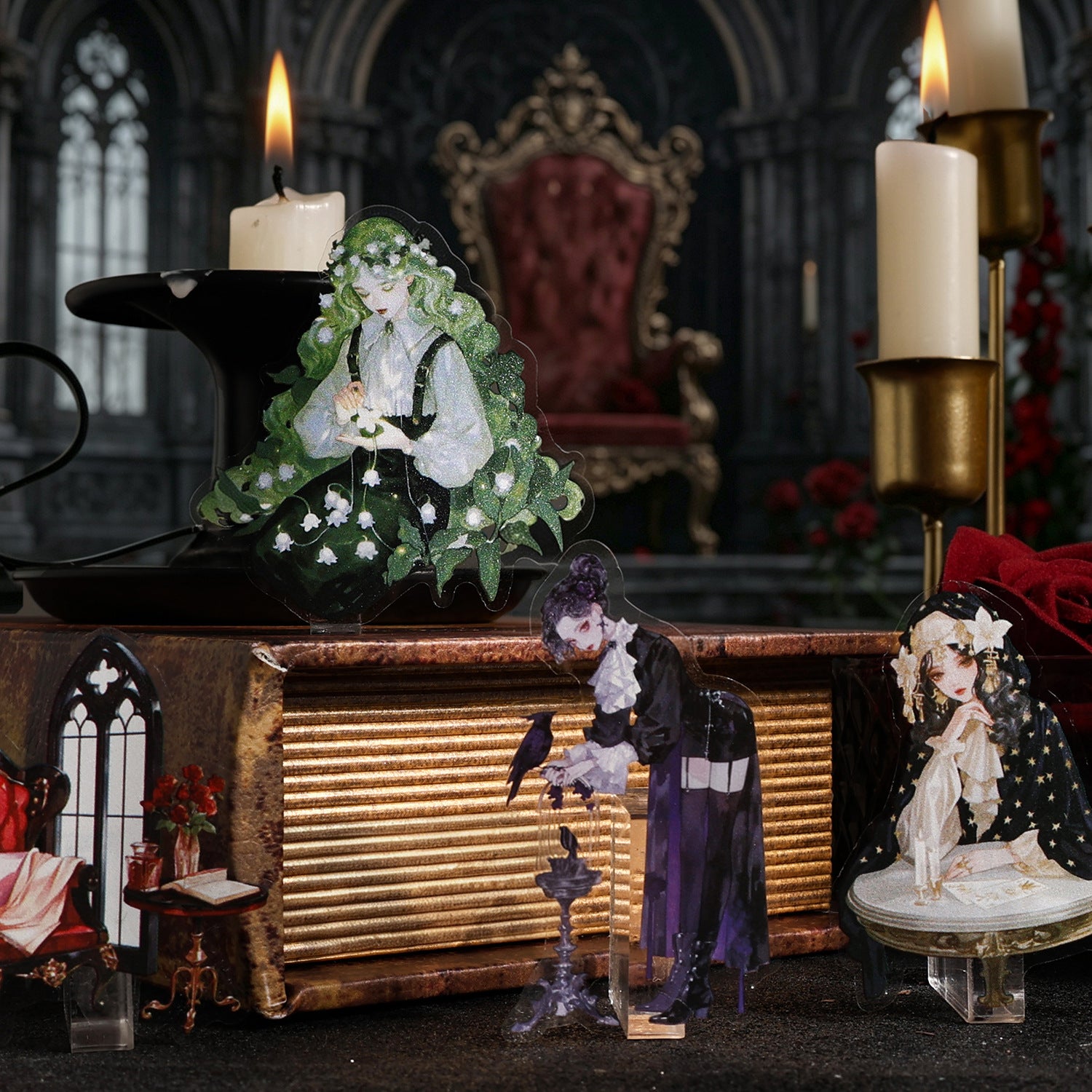 Thorn Chapel gothic PET sticker book with chapel windows, doorways, dark characters, skulls, and candles - image 3